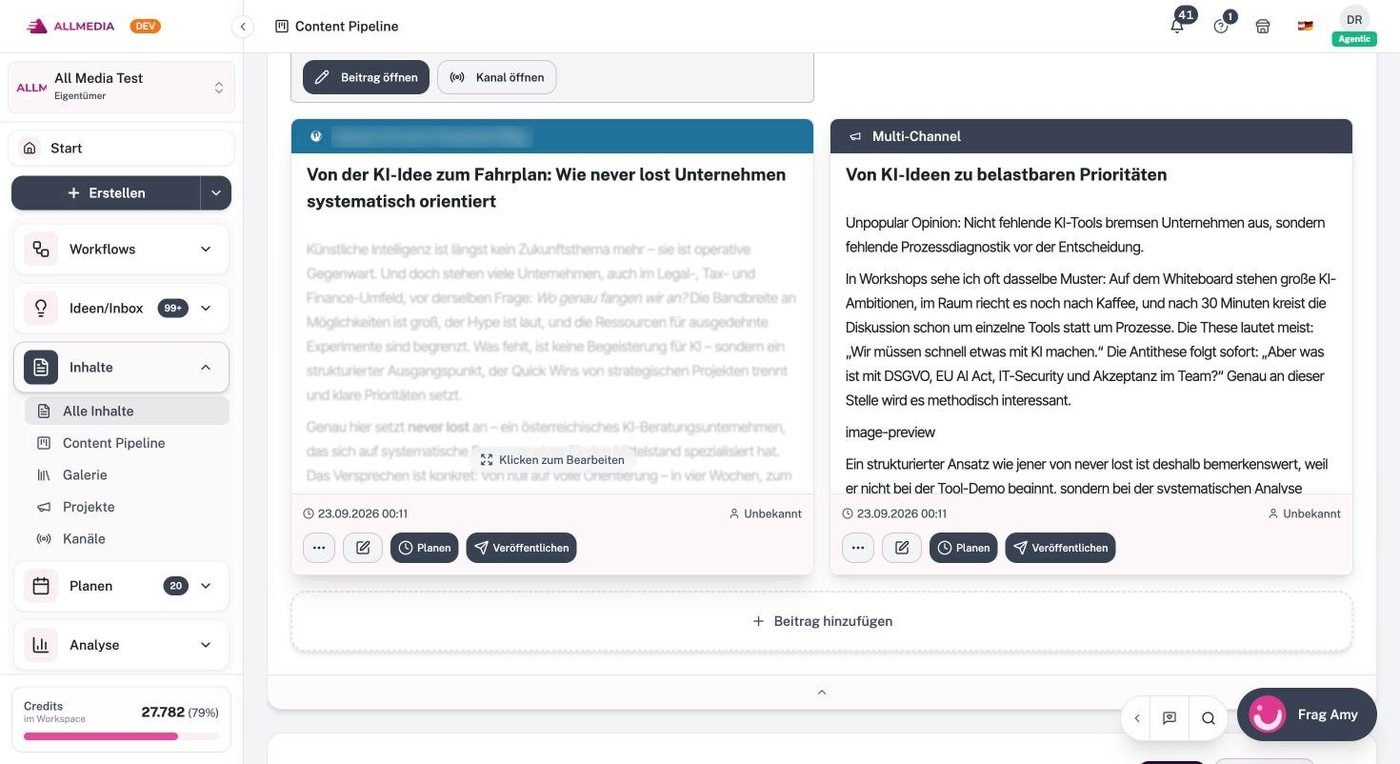Blogbeitrag-Karte mit den Schaltflächen Planen und Veröffentlichen