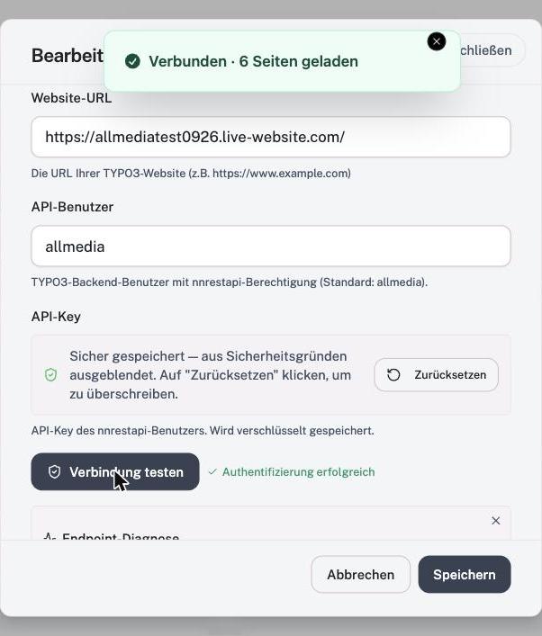 Erfolgreicher Test: Authentifizierung erfolgreich, dazu die Meldung „Verbunden · 6 Seiten geladen“.