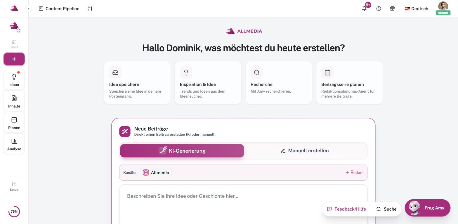 Start: „Was möchtest du heute erstellen?“