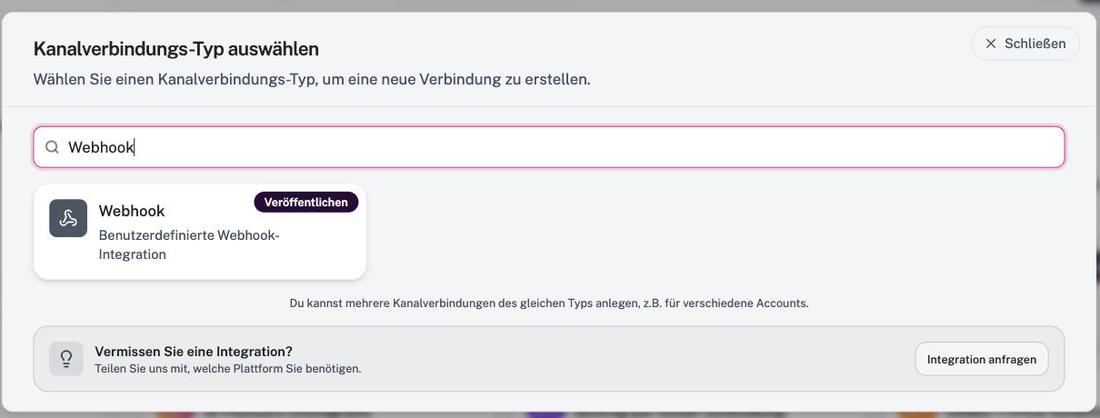 Typ-Auswahl nach der Suche nach „Webhook“.