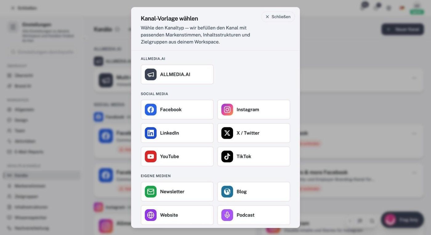 Kanal-Vorlage wählen mit dem Eintrag Blog unter Eigene Medien