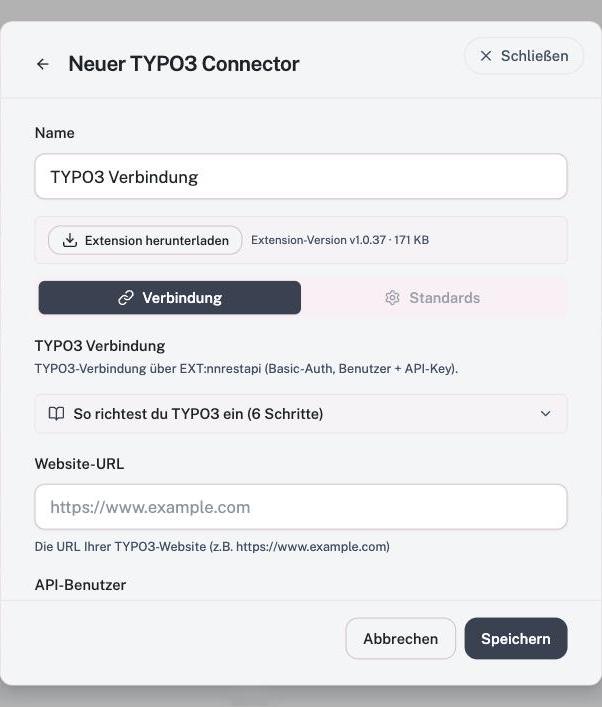 Der Dialog „Neuer TYPO3 Connector“ mit Namensfeld, Download-Button und den Reitern Verbindung / Standards.
