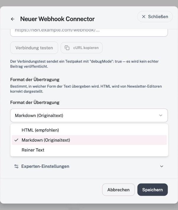 Die drei Optionen im Feld Format der Übertragung.