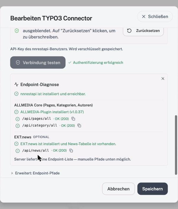 Endpoint-Diagnose mit Statusangaben zu nnrestapi, ALLMEDIA Core und dem optionalen EXT:news.