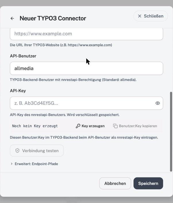 Die Verbindungsfelder: Website-URL, API-Benutzer, API-Key mit Key erzeugen und Benutzer:Key kopieren.