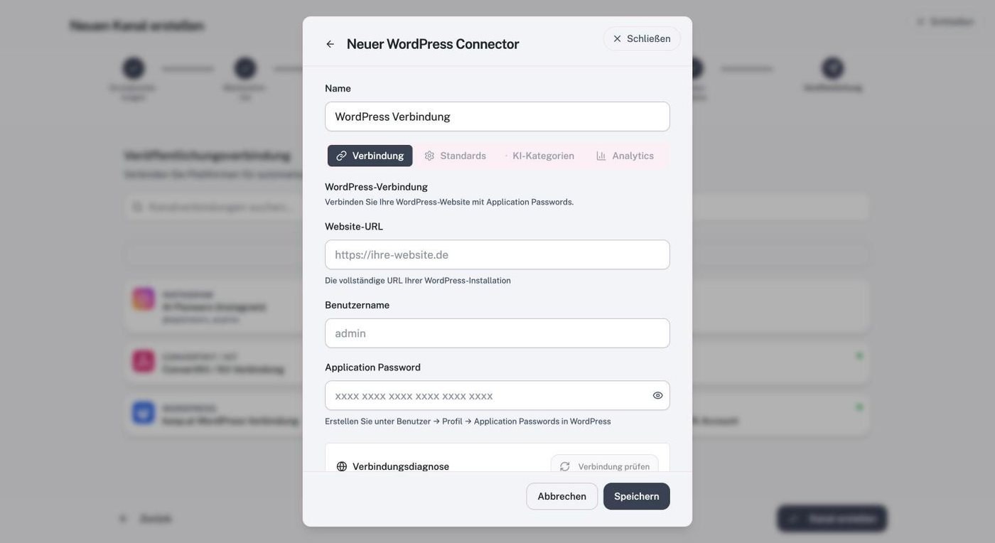 Dialog Neuer WordPress Connector mit Feldern Website-URL, Benutzername und Application Password