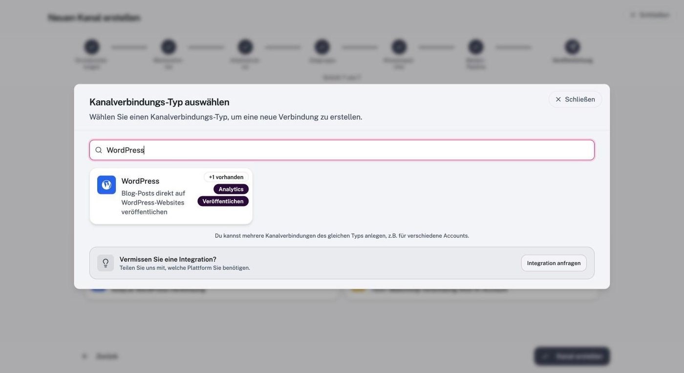 Kanalverbindungs-Typ auswählen, Suche nach WordPress