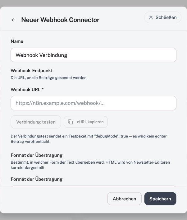 Der Dialog „Neuer Webhook Connector“: Name, Webhook-URL, Verbindungstest und cURL-Kopierfunktion.