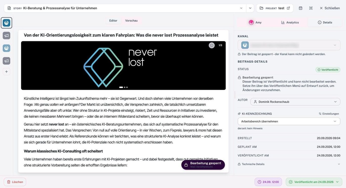 Beitragseditor mit Details: Kanal, Status Veröffentlicht, Autor, KI-Kennzeichnung, geplant und veröffentlicht am