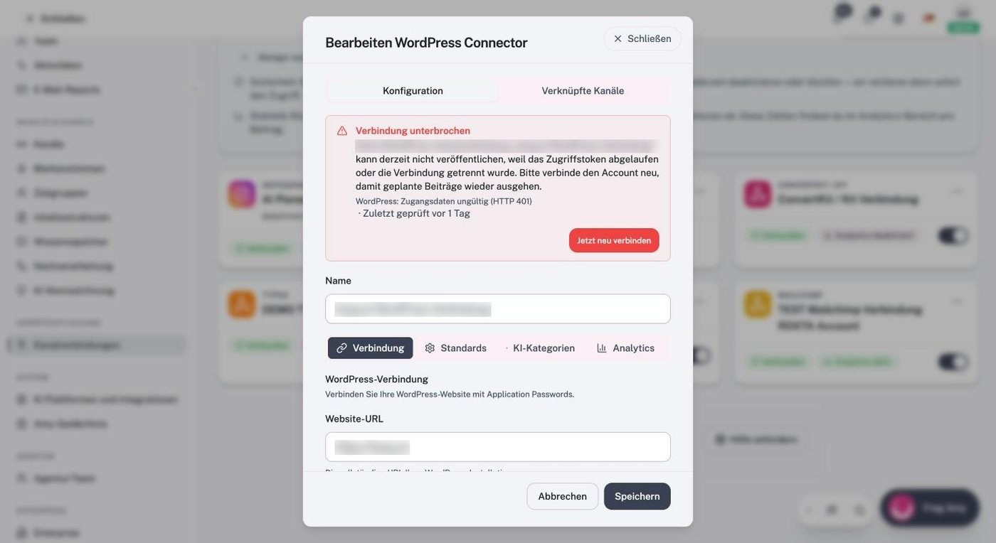 Connector mit Hinweis Verbindung unterbrochen, Zugangsdaten ungültig HTTP 401, Schaltfläche Jetzt neu verbinden