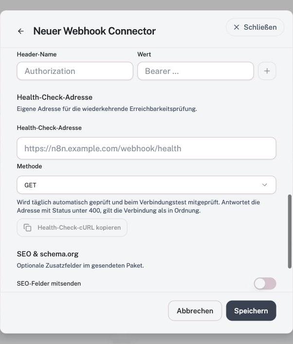 Health-Check-Adresse mit Methode sowie die Schalter für SEO-Felder und FAQ-Auszeichnung.