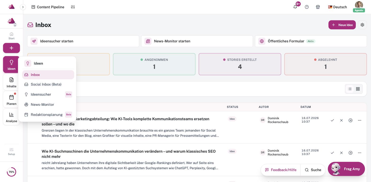 Ideen-Inbox mit Pipeline und öffentlichem Formular.