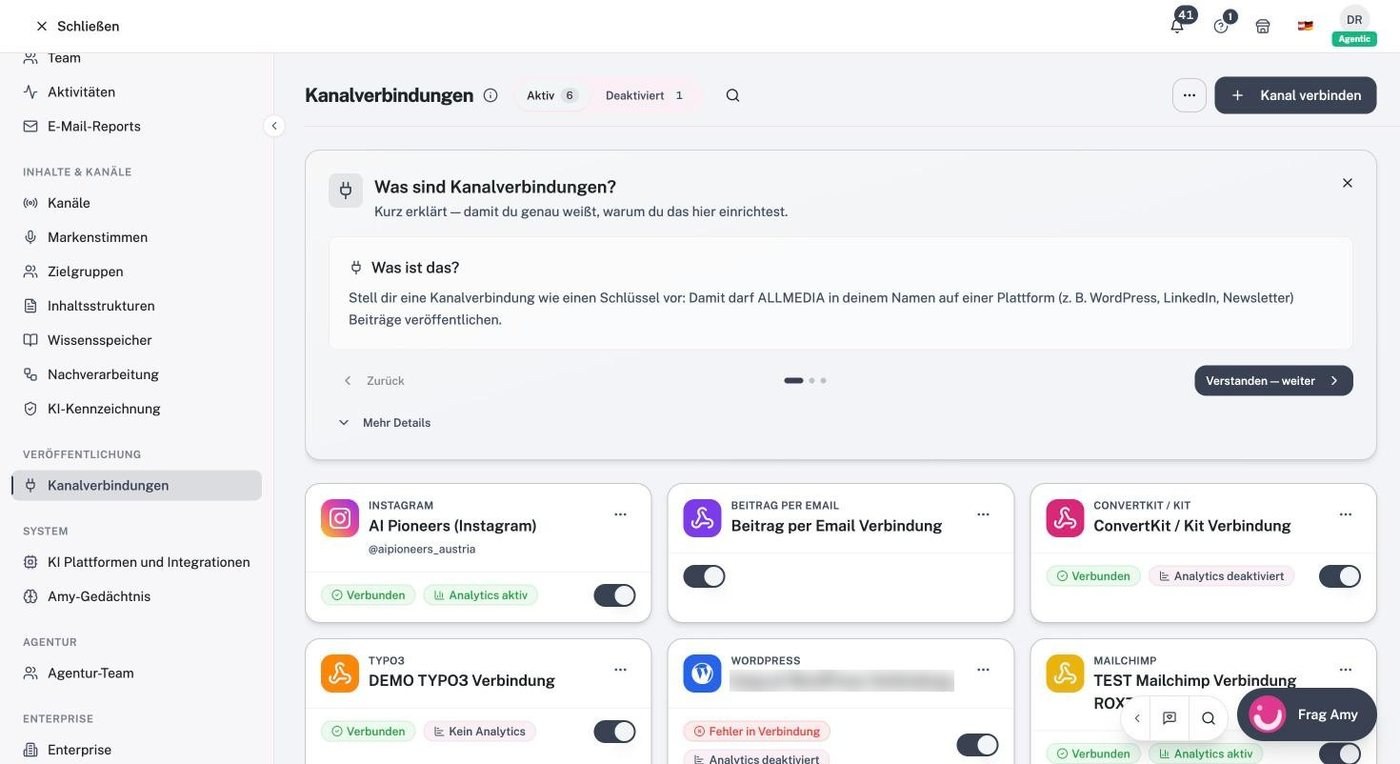 Übersicht Kanalverbindungen mit Status Verbunden und Fehler in Verbindung
