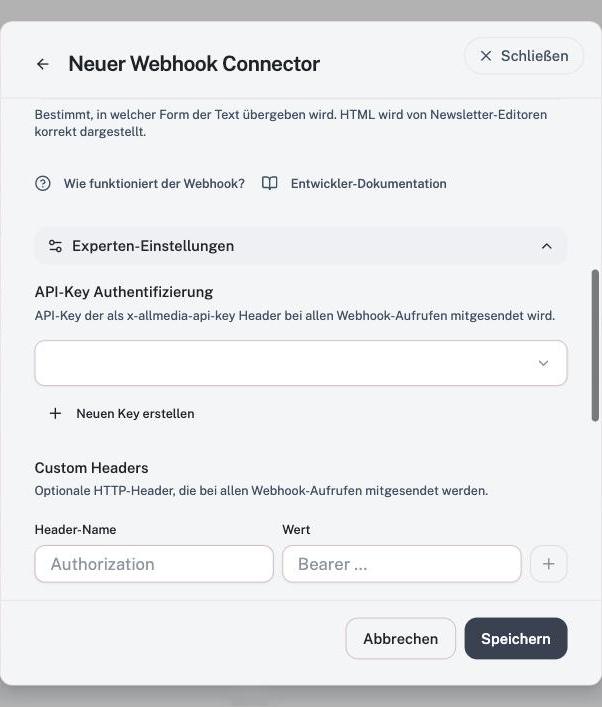 Experten-Einstellungen: API-Key-Auswahl, Neuen Key erstellen und Custom Headers.