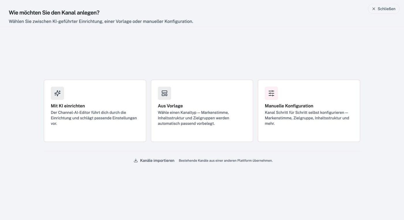 Auswahl: Mit KI einrichten, Aus Vorlage oder Manuelle Konfiguration