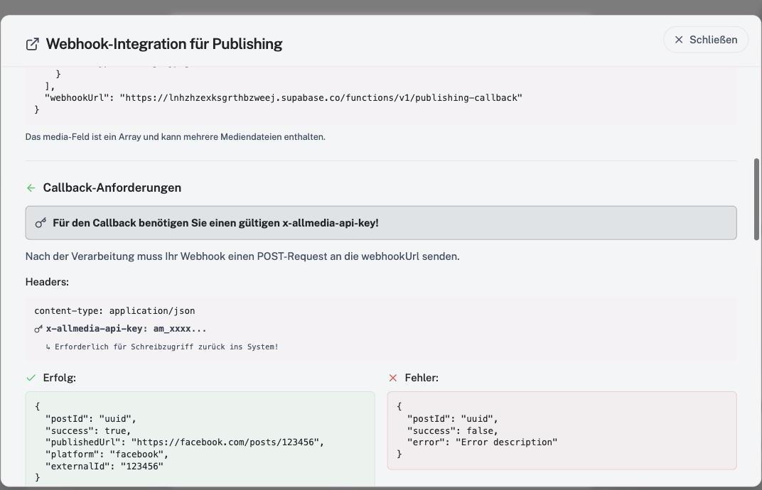 Abschnitt Callback-Anforderungen mit Header und den Antwortformaten für Erfolg und Fehler.