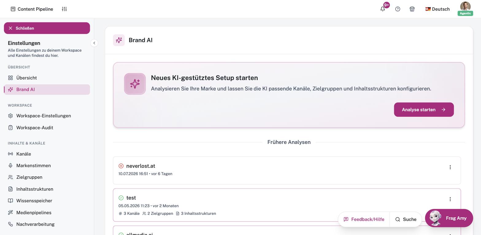 Brand AI konfiguriert Kanäle/Zielgruppen/Strukturen automatisch.