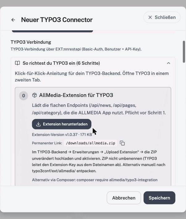 Die aufgeklappte Anleitung im Connector — identisch mit den folgenden Schritten.